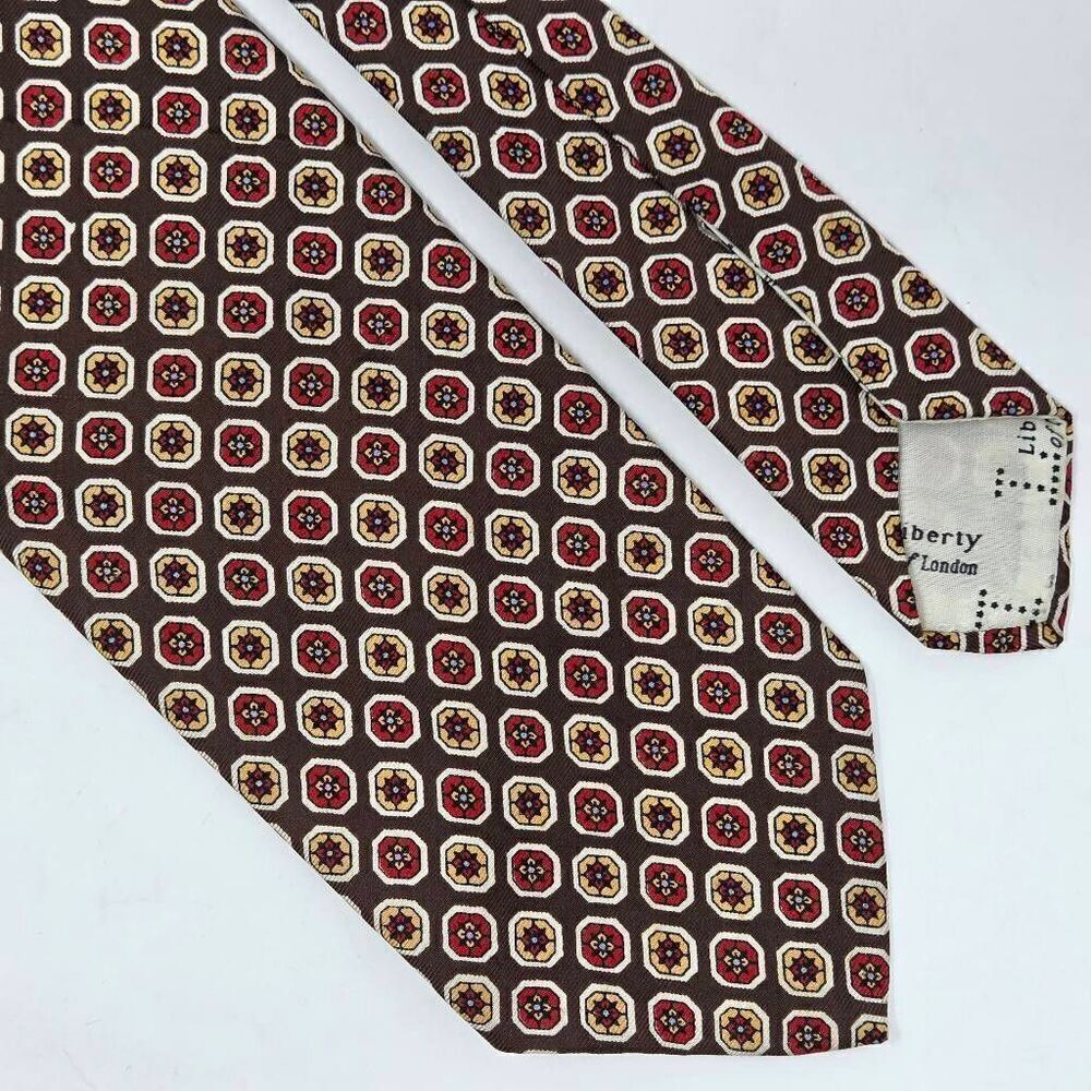 VINTAGE LIBERTY LONDON SILK TIE BROWN RED CREAM GEOMETRIC FOULARD 3.75" X 57"